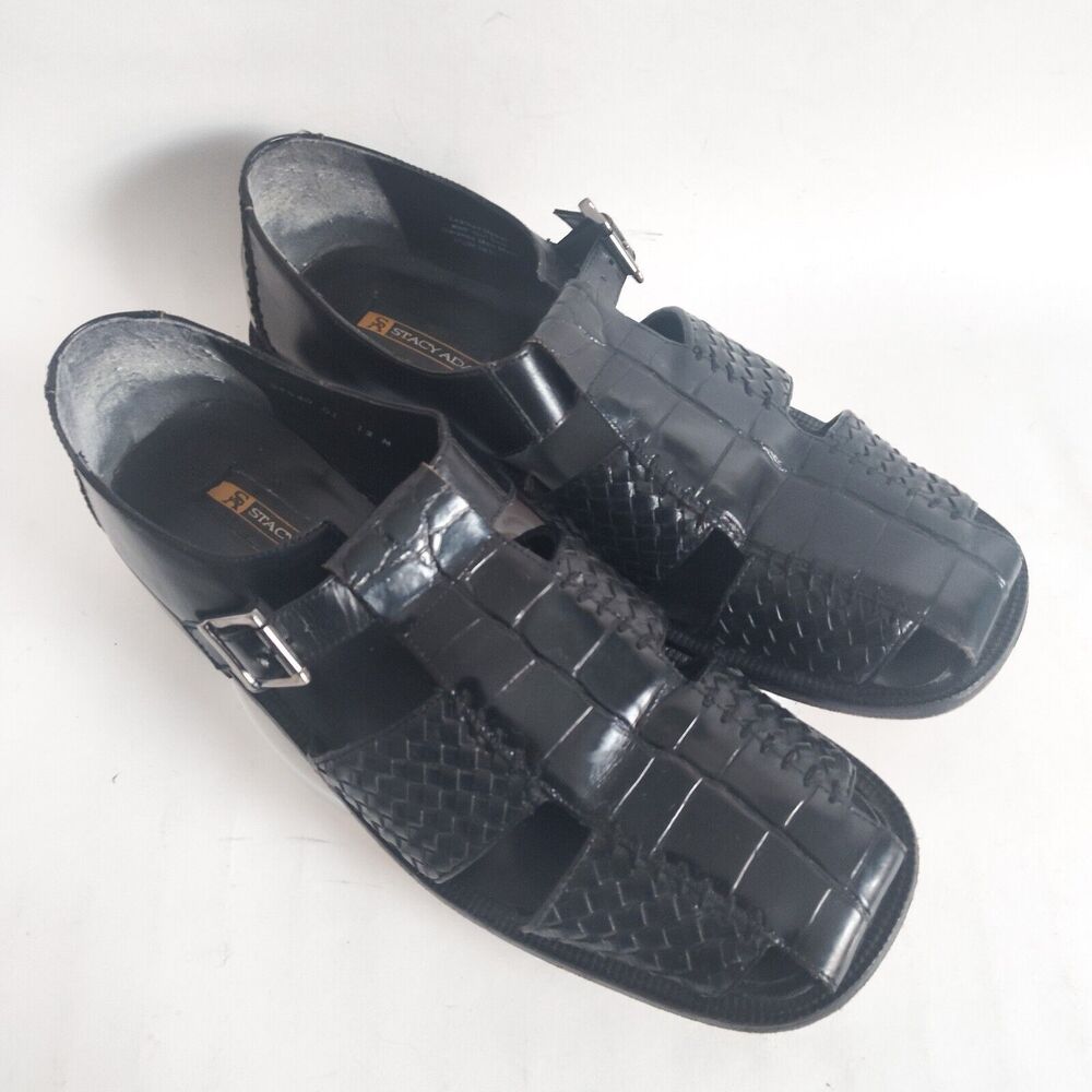Stacy Adams Black Woven Leather Fisherman Sandals Size 12 Huarache Silver Buckle - Picture 8 of 13